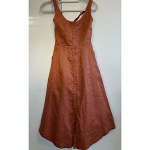 MON RENN 100% Linen Rust Button Front Midi Dress Size XS Sleeveless A-Line NWT